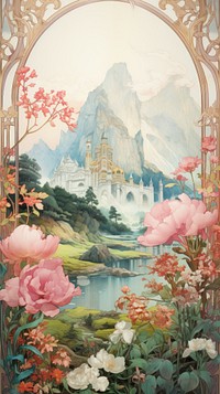 An art nouveau drawing of Japan landscape outdoors painting flower.