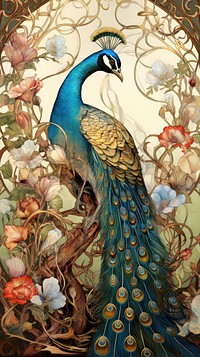 An art nouveau drawing of peafowl painting peacock animal.