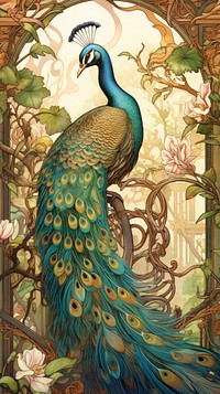 An art nouveau drawing of peafowl peacock animal bird.