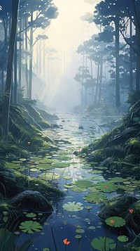  Asian rural swamp in morning foggy vegetation outdoors woodland. AI generated Image by rawpixel.