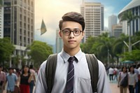 Malaysia student portrait standing glasses.