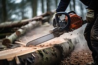 Person using chainsaw cutting lumber forest plant tool.