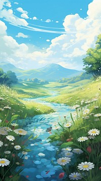  Flower field by small river landscape outdoors painting. 