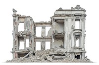 Destroyed building architecture ruins white background.