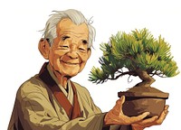 A happy Japanese senior man holding pine bonzai pot drawing bonsai adult. AI generated Image by rawpixel.