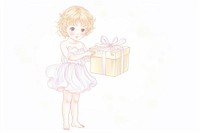 Baby girl holding gift box Alphonse Mucha style celebration happiness surprise.