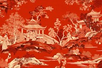Oriental toile art style with heaven painting red architecture.