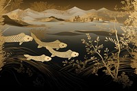 Oriental toile art style with carps landscape wallpaper in gold and black color outdoors nature reflection.