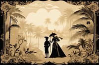 Oriental toile art style with couple in black and beige color plant adult bride.