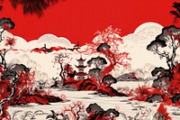 Oriental toile art style with heaven nature land red.