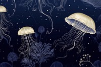 Oriental toile art style with pale various color jellyfishes in navy and dark grey invertebrate underwater undersea.
