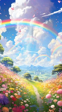  Joyful rainbow landscape outdoors scenery. AI generated Image by rawpixel.