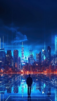  Neon Futuristic Cyberpunk Cityscape in blue cityscape architecture futuristic. AI generated Image by rawpixel.
