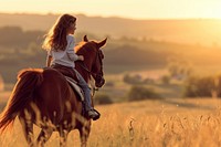 Joyful daughter riding horse with mother landscape mammal animal.