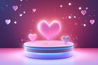 Podium decorated mokcup holographic and Decorated with hearts floating in the air graphics night illuminated.