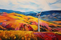 PNG Close up of wind turbine with fresh landscape painting windmill outdoors. AI generated Image by rawpixel.