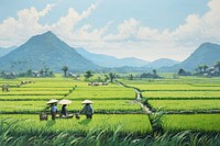 PNG Vietnam rice field while harvesting outdoors painting nature. 