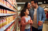 A hispanic family is shopping supermarket holding adult.