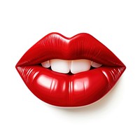 Glossy red woman lips smile mouth with tongue lipstick white white background.