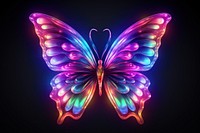 3D render of neon butterfly icon pattern purple illuminated.