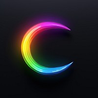 3D render of neon half moon icon rainbow purple light.