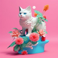 3d Surreal of a cat with flowers animal mammal plant.