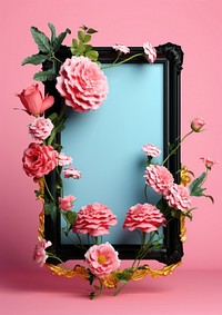 3d Surreal of a blank black frame with flowers plant rose decoration.