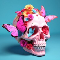 3d Surreal of a skull with butterfly and flowers petal plant art.