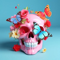 Skull with butterfly and flowers petal plant inflorescence.