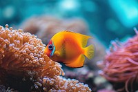 The other small fish swimming and corals on foreground in deep sea underwater outdoors animal.