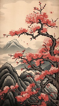 Japanese blossom tree with mountain painting flower plant. AI generated Image by rawpixel.