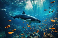 A whale swimming with other sea fishes in blue ocean underwater aquarium outdoors.