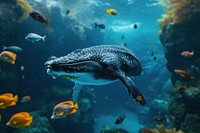 A whale swimming with other sea fishes in blue ocean underwater aquarium outdoors.