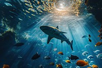 Big shark swimming with other sea fishes in blue ocean underwater aquarium outdoors.