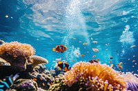 Corals swimming with other sea fishes in blue ocean underwater aquarium outdoors.