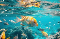 Underwater creatures swimming with other sea fishes in blue ocean aquarium outdoors animal.