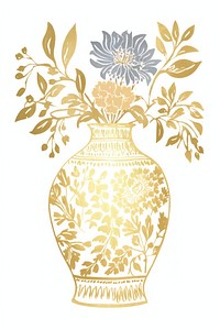 A flower vase in the style of ink folk art-inspired illustrations porcelain pattern gold.