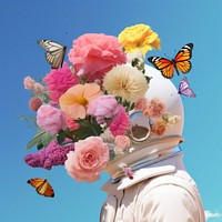 An astronaut with flowers and butterfly outdoors nature plant.