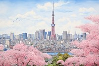  Tokyo with tokyo skytower landscape architecture building springtime. AI generated Image by rawpixel.