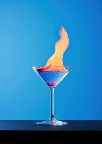 Photography of a Small Burning fruity blue cocktail martini burning drink.