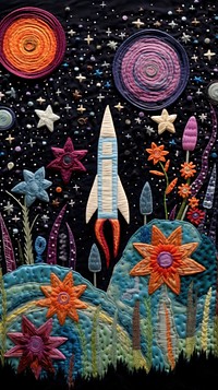 Embroidery of galaxy and rocket embroidery pattern quilt.
