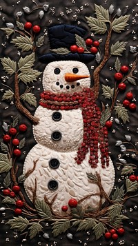 Embroidery of cute snowman winter anthropomorphic representation.