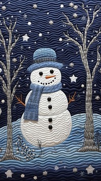 Embroidery of cute snowman winter nature representation.