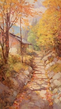 Autumn path painting architecture vegetation.