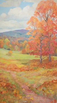 Autumn wide field landscape painting vegetation.