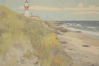 Beach and lighthouse architecture outdoors painting.