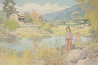 Riverside next to mountain in Japan architecture outdoors painting.