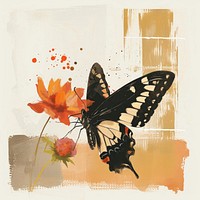 Butterfly and flower with a Earth Tone brush stroke painting animal insect.