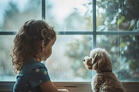 The window view with a girls and a dog looking out innocence mammal child.