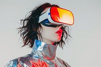 Woman wearing VR glasses with costume futuristic style adult technology hairstyle.